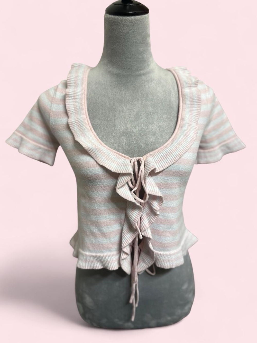 Edikted Janelle Pink White Striped Knit Ruffle Front Lace Up Short Sleeve Top S